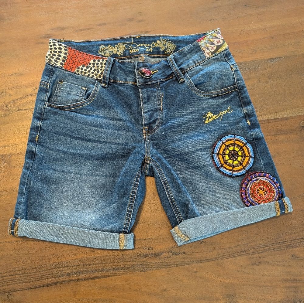 Desigual Embellished Denim Bermuda Shorts Size 24 Cuffed
